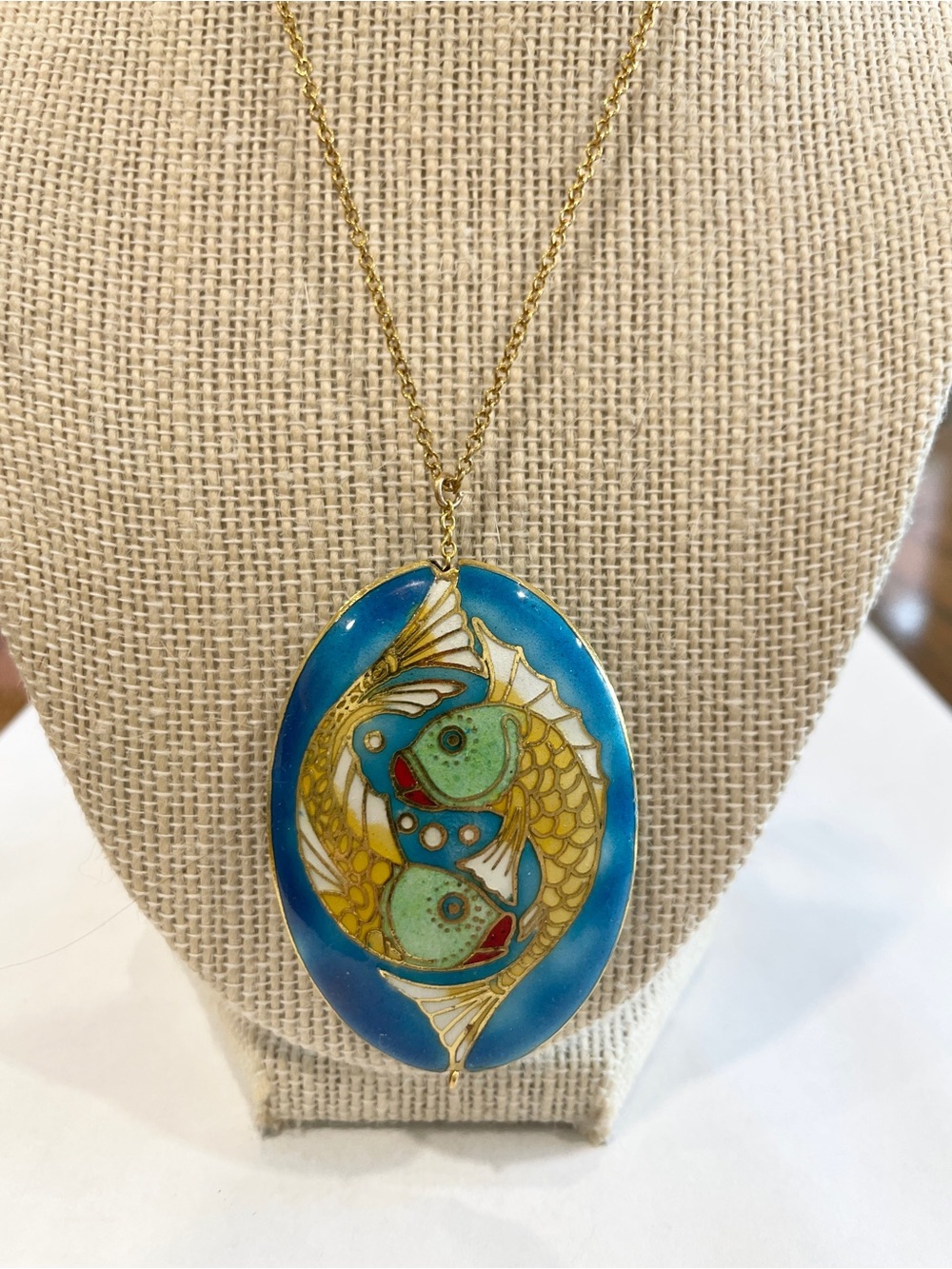 Cloisonné Enamel Fish Pendant Necklace Gold-Finished Copper on Gold Plated Chain